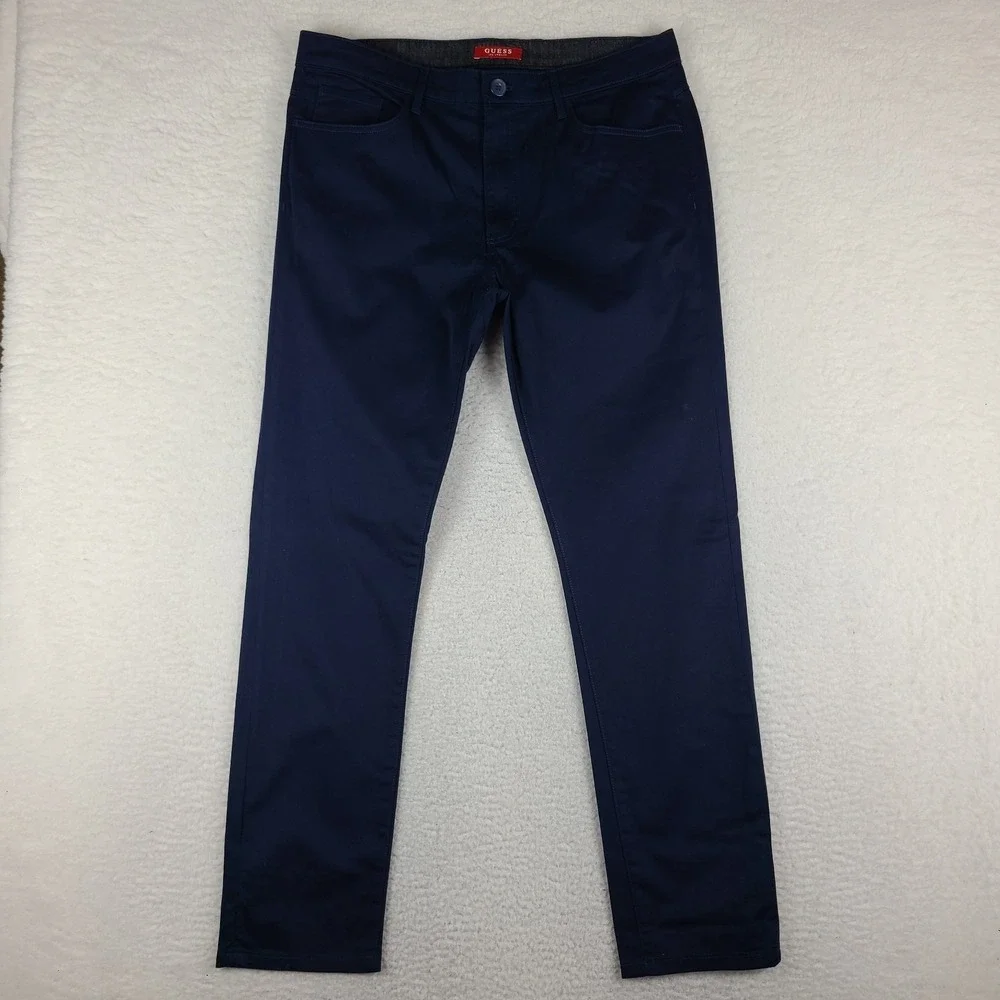 Guess Pants Mens 36x32 Blue Navy Slim Straight‎ Cotton Chino Khakis *